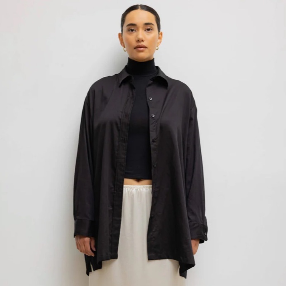 Leset Yoko Oversized Button Down Cotton Long Sleeve Blouse Top Black